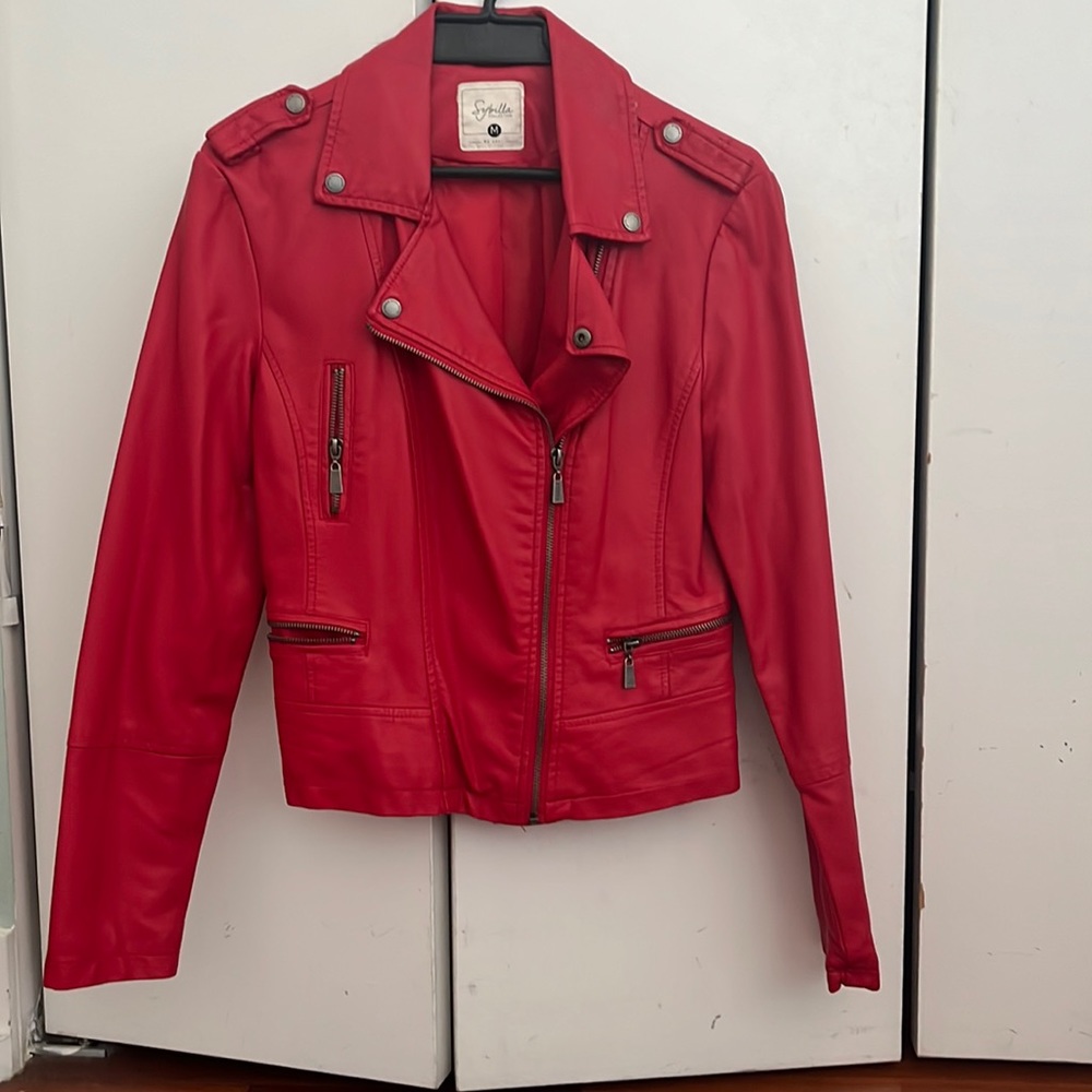 Red faux leather jacket